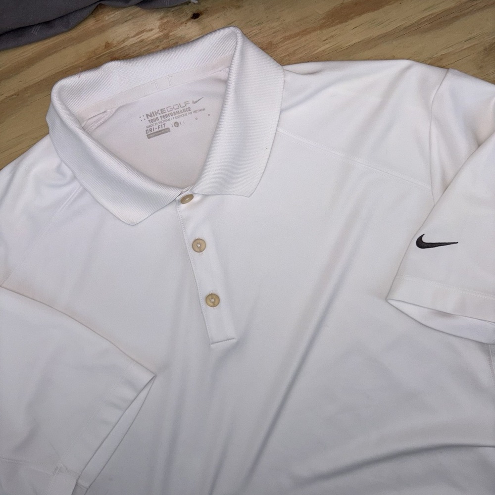 Nike Golf Tour Performance Mens Large Polo Dri Fit White Solid Embroidered Logo